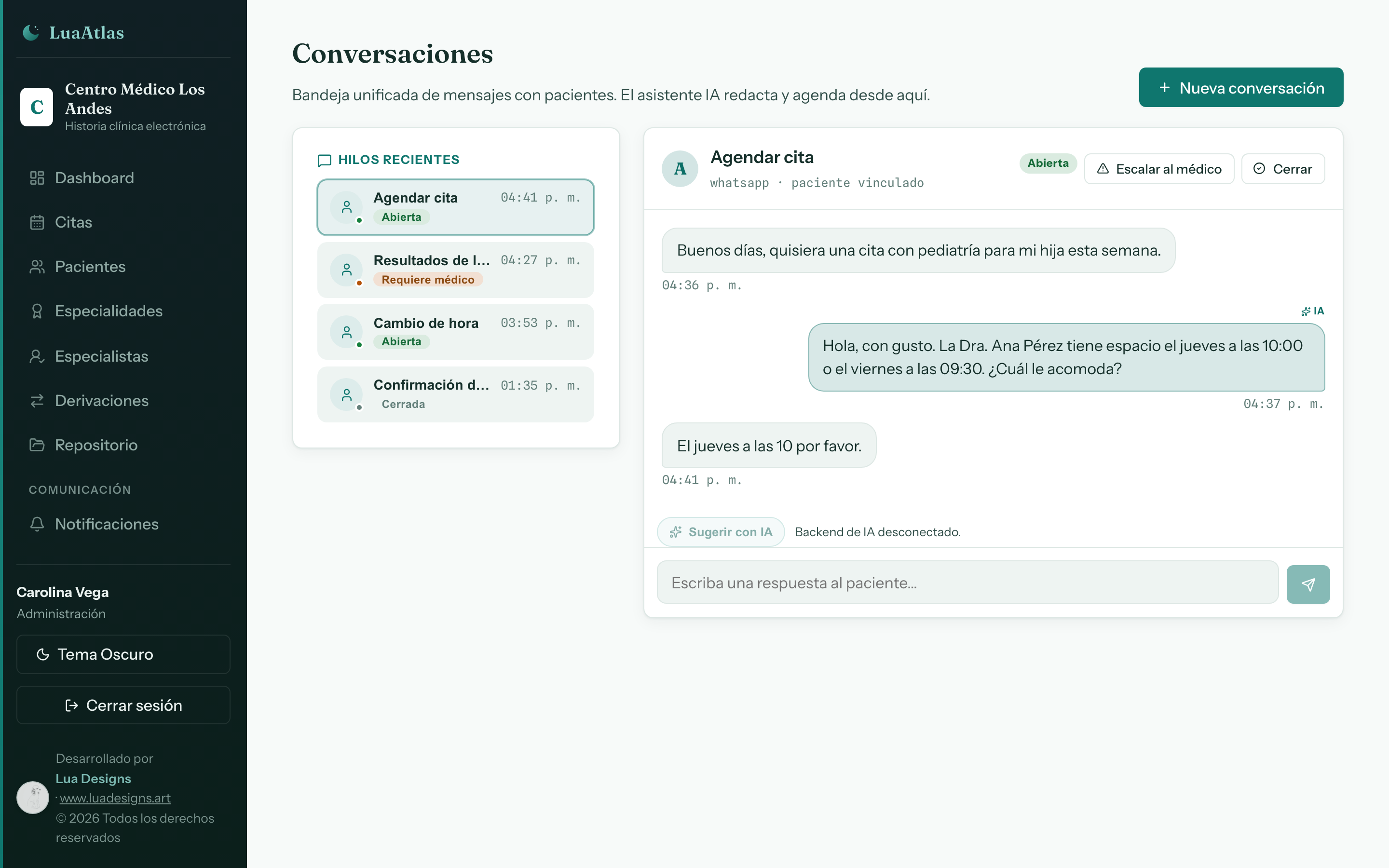 LuaAtlas · CRM: Todas las conversaciones de WhatsApp en un buzón, con avisos cuando un caso necesita al médico.