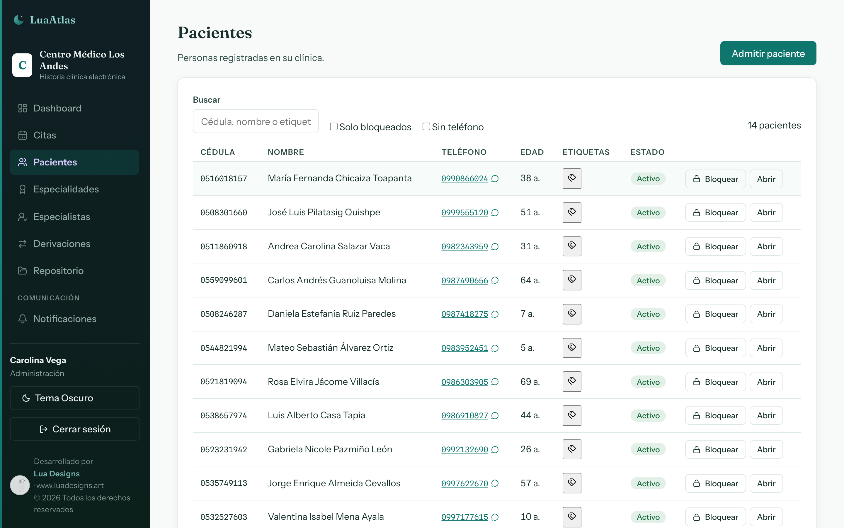 LuaAtlas · Pacientes: Búsqueda por cédula o nombre, etiquetas y contacto directo por WhatsApp.